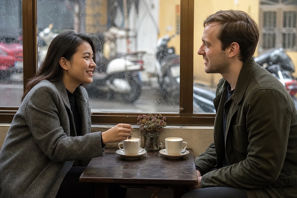 Two distinct Vietnamese first-date scenes: a Hanoi egg-coffee cafe and a Ho Chi Minh City evening walk