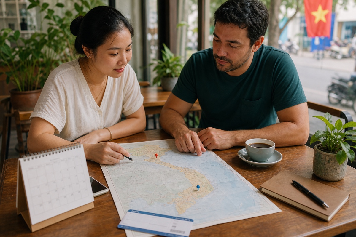 A couple planning a Vietnam move with a map, two city pins, and a domestic flight itinerary