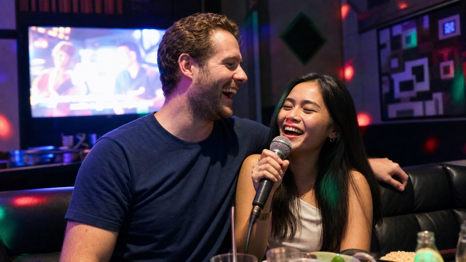 A foreign man and a Filipina laughing and singing together at a karaoke room in the Philippines
