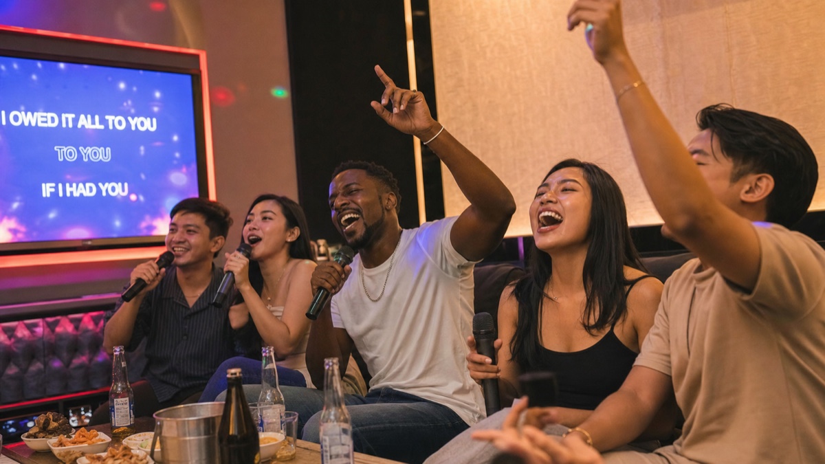 A group of friends sharing a private KTV room with a couple singing together in the Philippines