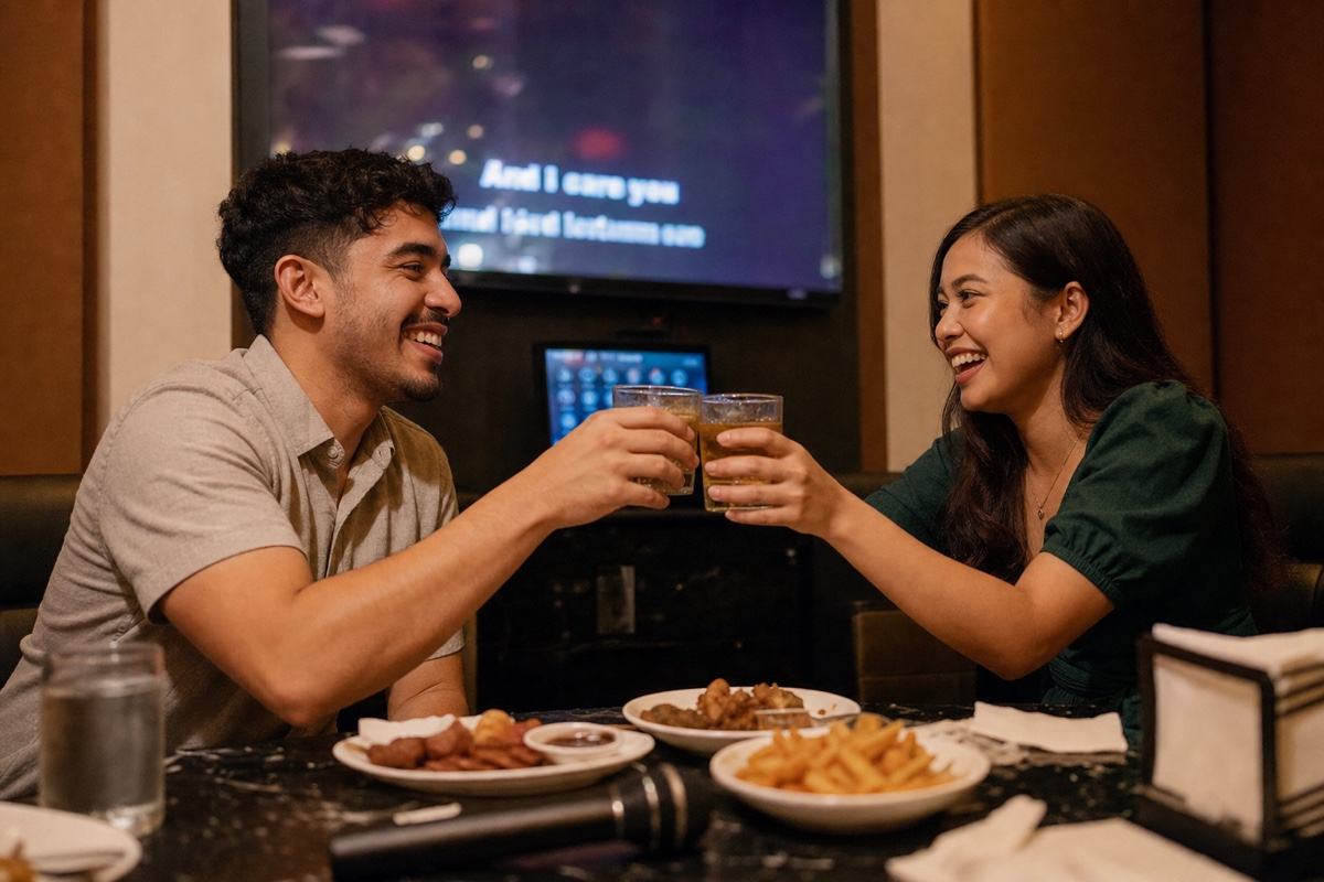 A foreign man and a Filipina toasting drinks and snacking between songs in a private karaoke room