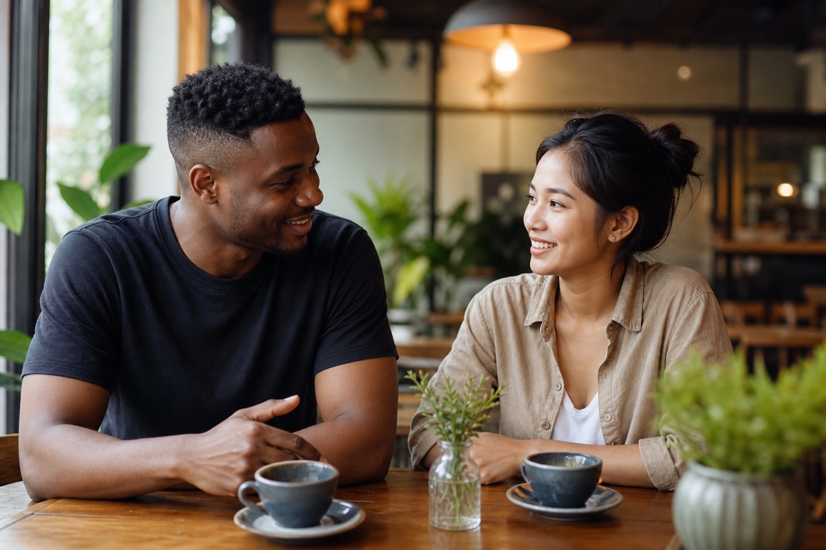 A foreign man and a Khmer woman sharing a quiet, friendly conversation at a Phnom Penh cafe