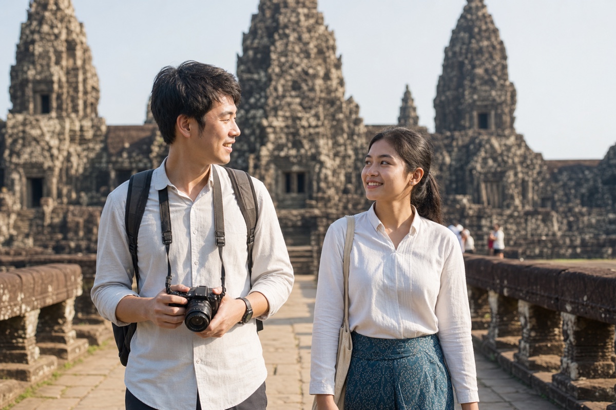 A foreign man and a Khmer woman visiting an ancient Cambodian temple together, dressed modestly