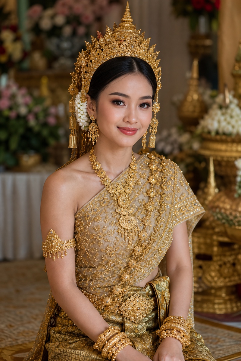 A Cambodian bride in an elaborate traditional Khmer wedding dress with gold jewellery and headdress