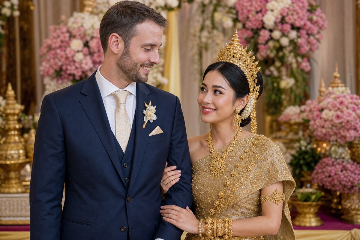 A Western foreign man in a suit standing beside his Cambodian bride in traditional gold Khmer wedding attire at their wedding
