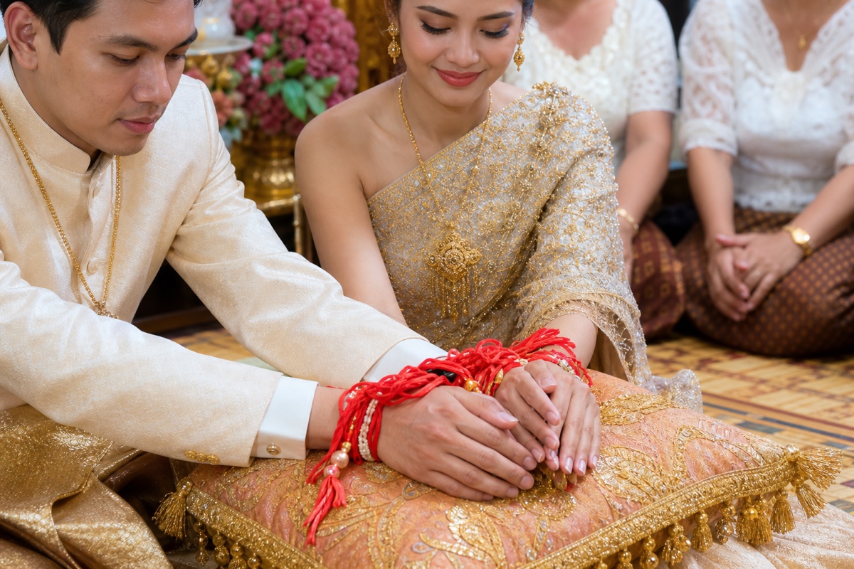 A close view of a Cambodian bride and groom with their wrists tied with red blessing strings during the Khmer knot-tying ceremony