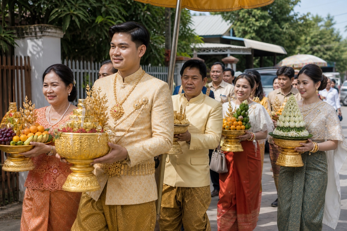 A Cambodian wedding procession, family in traditional dress carrying gold trays of fruit and gifts along a street
