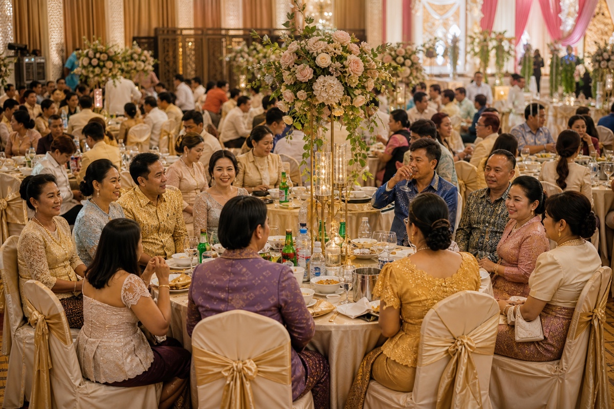 A festive Cambodian wedding banquet reception with round tables of guests, flowers, and decorations