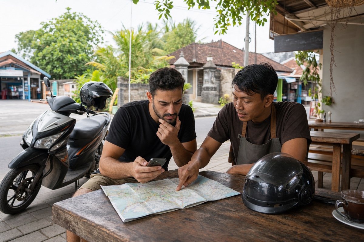 A newcomer comparing short daily routes between Sanur, Ubud, Canggu, and Uluwatu on a Bali map