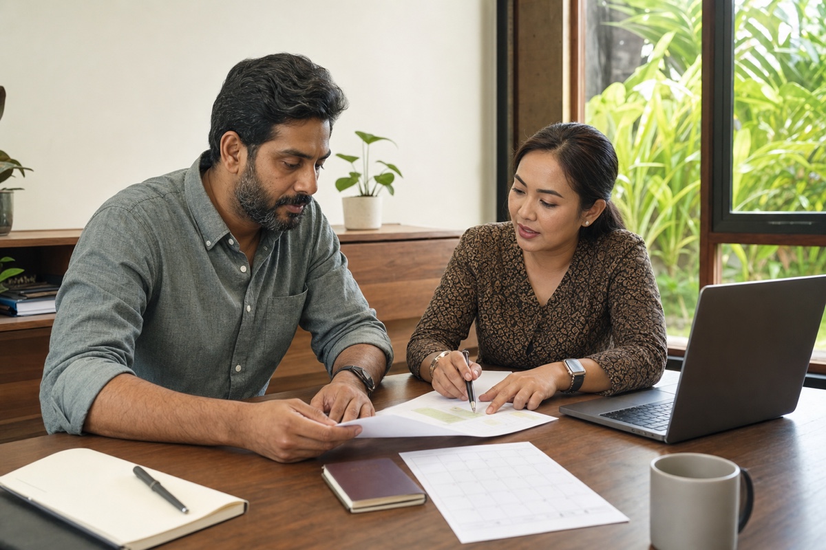 A foreign remote employee reviewing Indonesia visa, overseas employment, and tax-day documents with an adviser