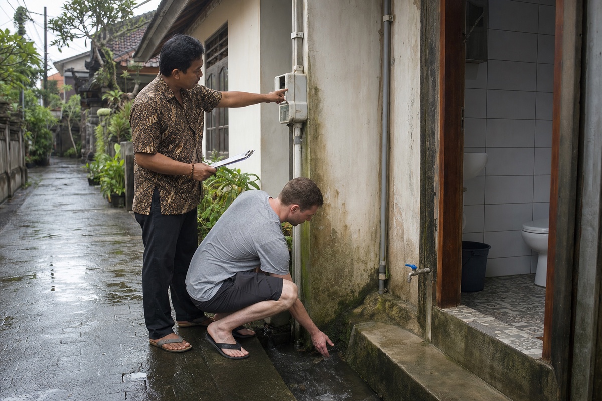 A prospective tenant checking water pressure, drainage, power, road access, and a Bali villa lease after rain