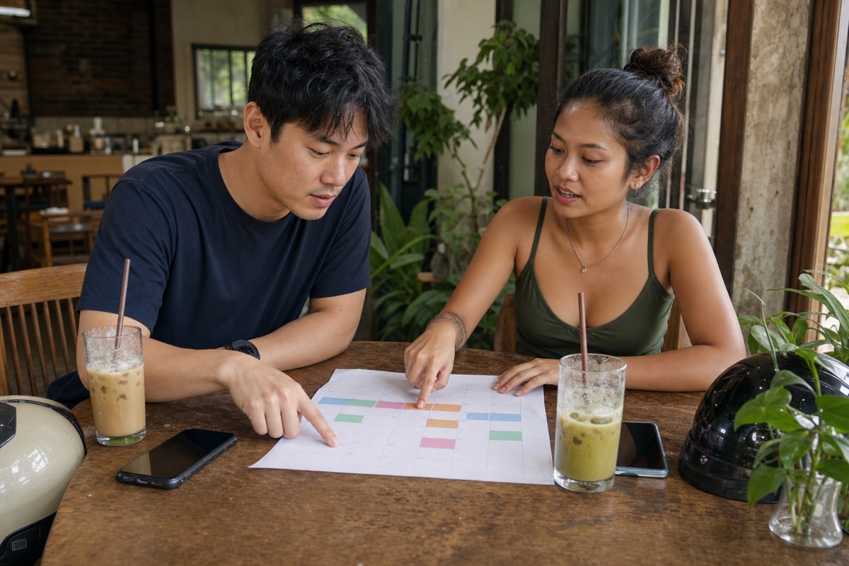 Three Bali relationship moments: a casual coffee, an exclusive couple at a weekly activity, and a family introduction