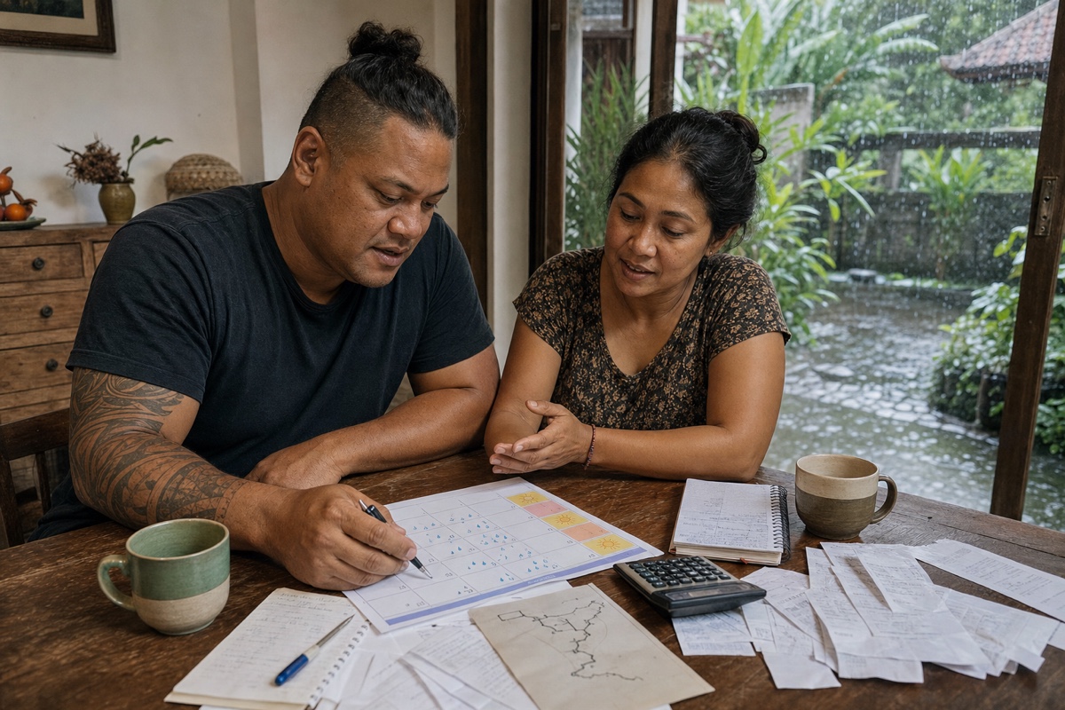 A mixed Balinese-foreign couple reviewing a two-season calendar, bills, route times, and plans at home