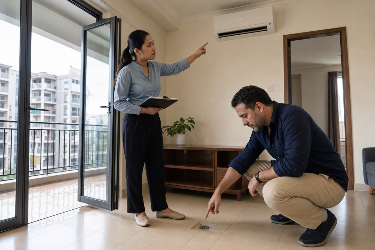 A renter checking apartment drainage, air conditioning, utility rates, and an emergency budget before signing