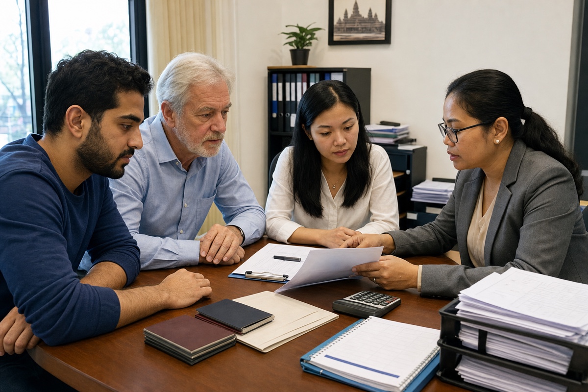A foreign employee, remote worker, and retiree checking Cambodia visa, work permit, and tax documents