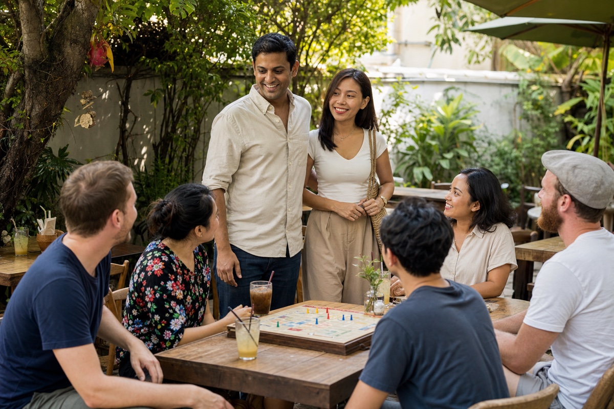 A Cambodian woman and foreign man joining friends for a relaxed daytime gathering in Phnom Penh