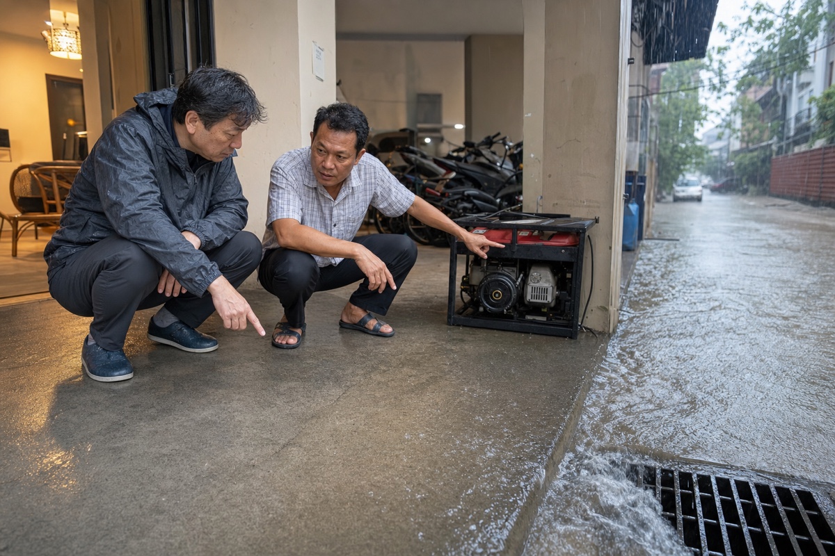 A prospective resident inspecting a Phnom Penh apartment entrance and backup power during a wet-season downpour