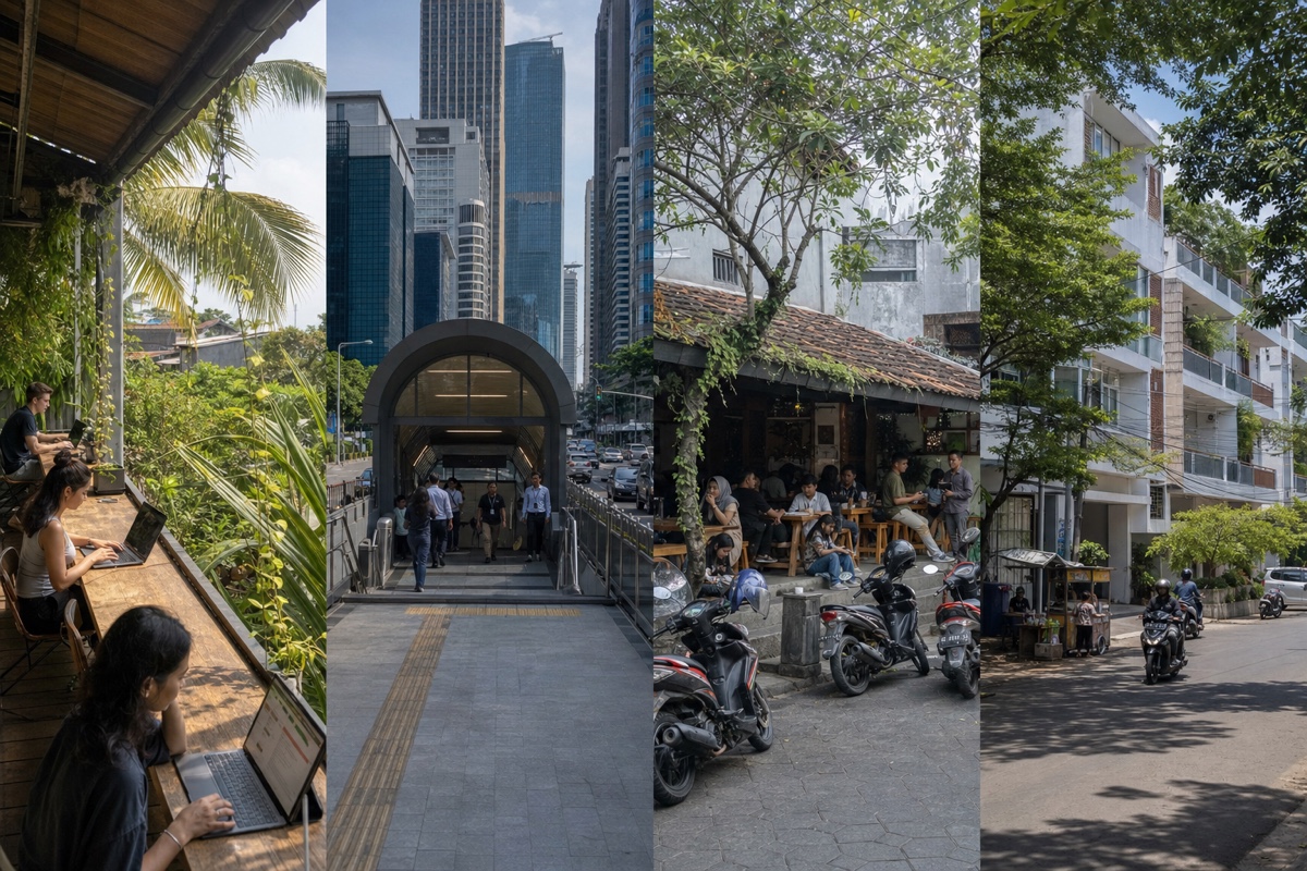Four scenes showing a Bali coworking area, a Jakarta MRT entrance, a Yogyakarta neighbourhood cafe, and a Surabaya residential street