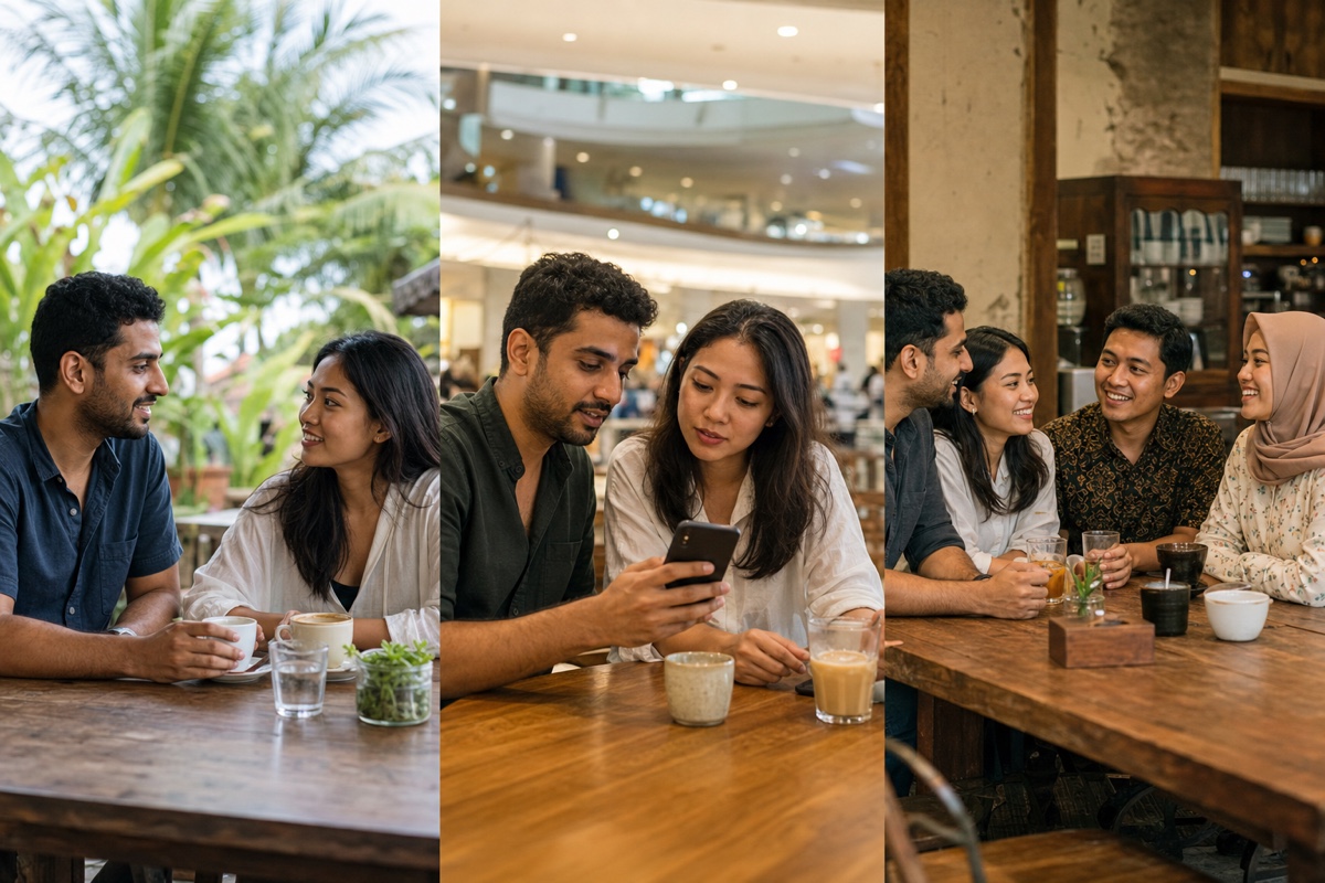 Three equal dating scenes in Indonesia: a casual Bali coffee, a Jakarta couple comparing commute routes, and a Yogyakarta couple meeting friends