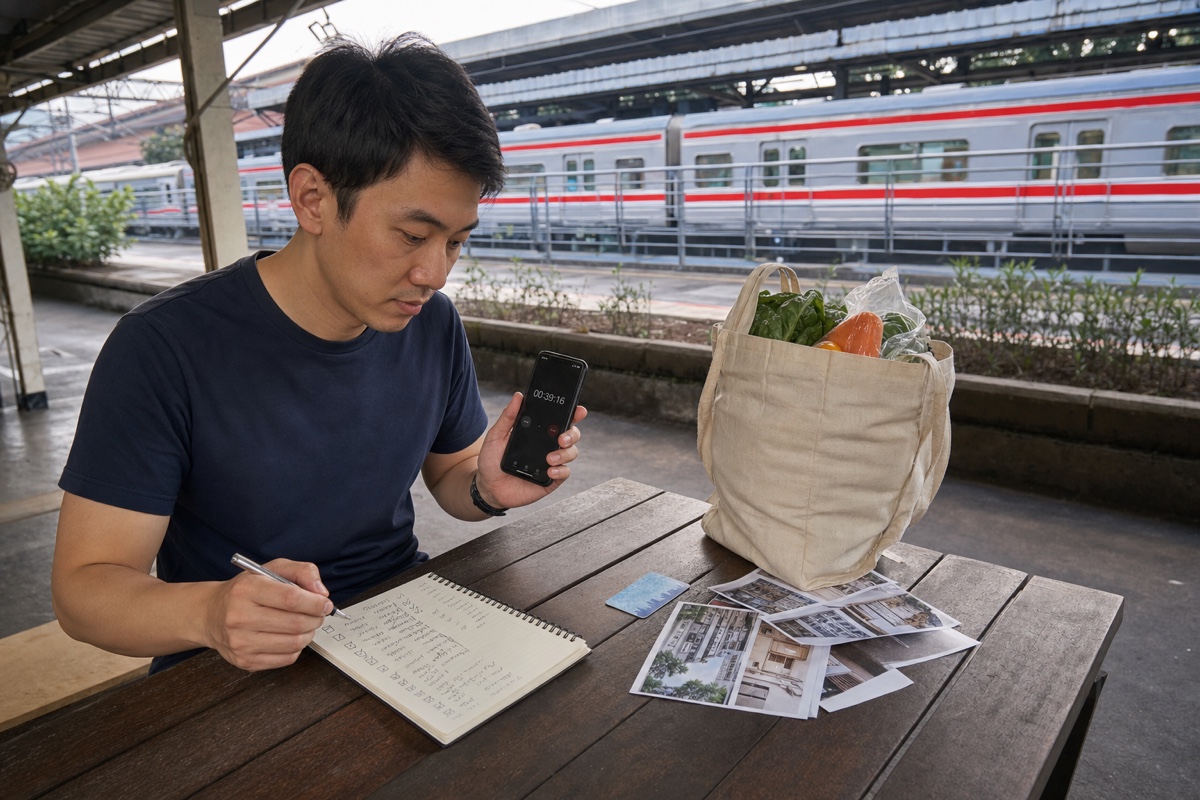 A traveller recording commute time, groceries, social plans, and housing notes during a four-city Indonesia trial