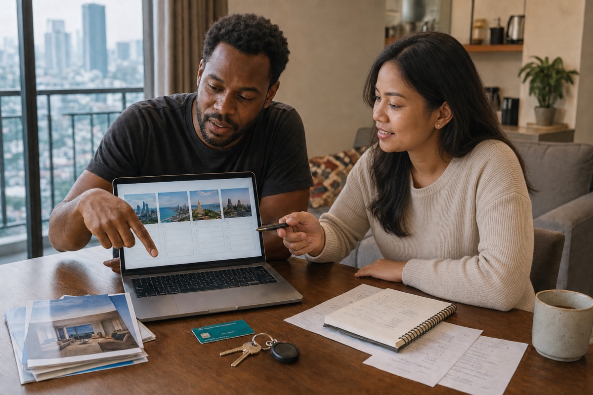 A foreign resident reviewing a completed four-city scorecard with an Indonesian woman friend before choosing a long-term home