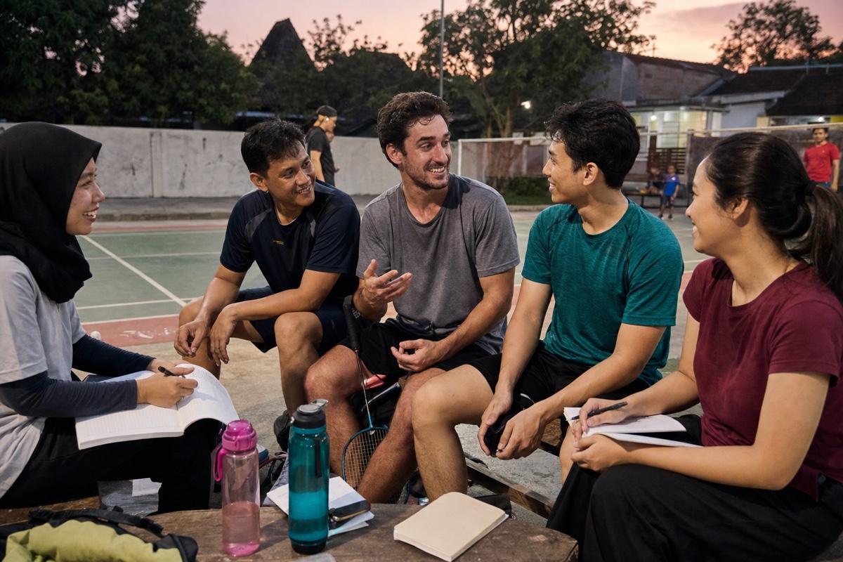 Indonesian and foreign residents meeting again at a weekly sports and language group rather than a tourist event