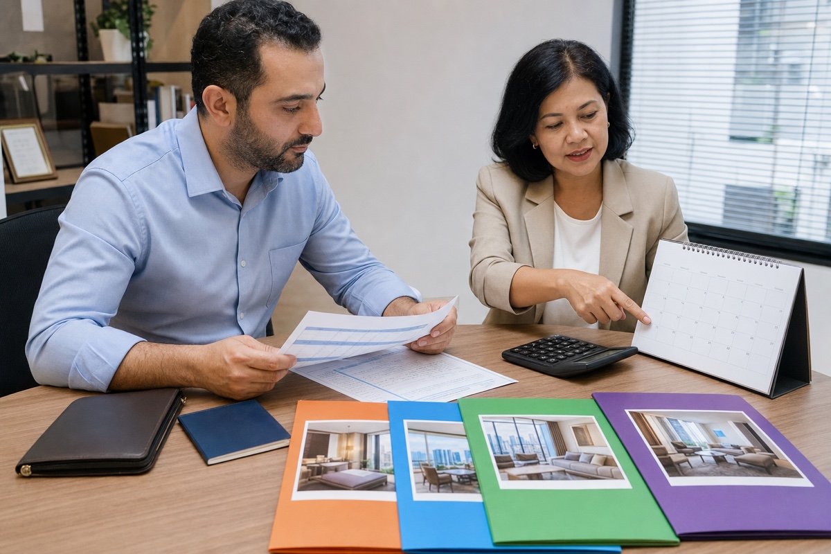 A resident comparing an Indonesian visa file, tax-day count, and rent quotes from Bali, Jakarta, Yogyakarta, and Surabaya
