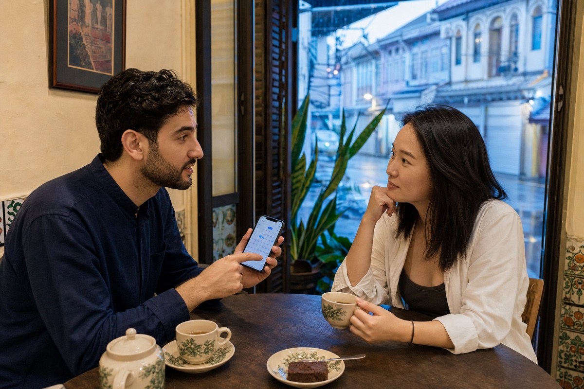 A Malaysian woman and her foreign date discussing privacy, intent, and weekend plans at a quiet cafe