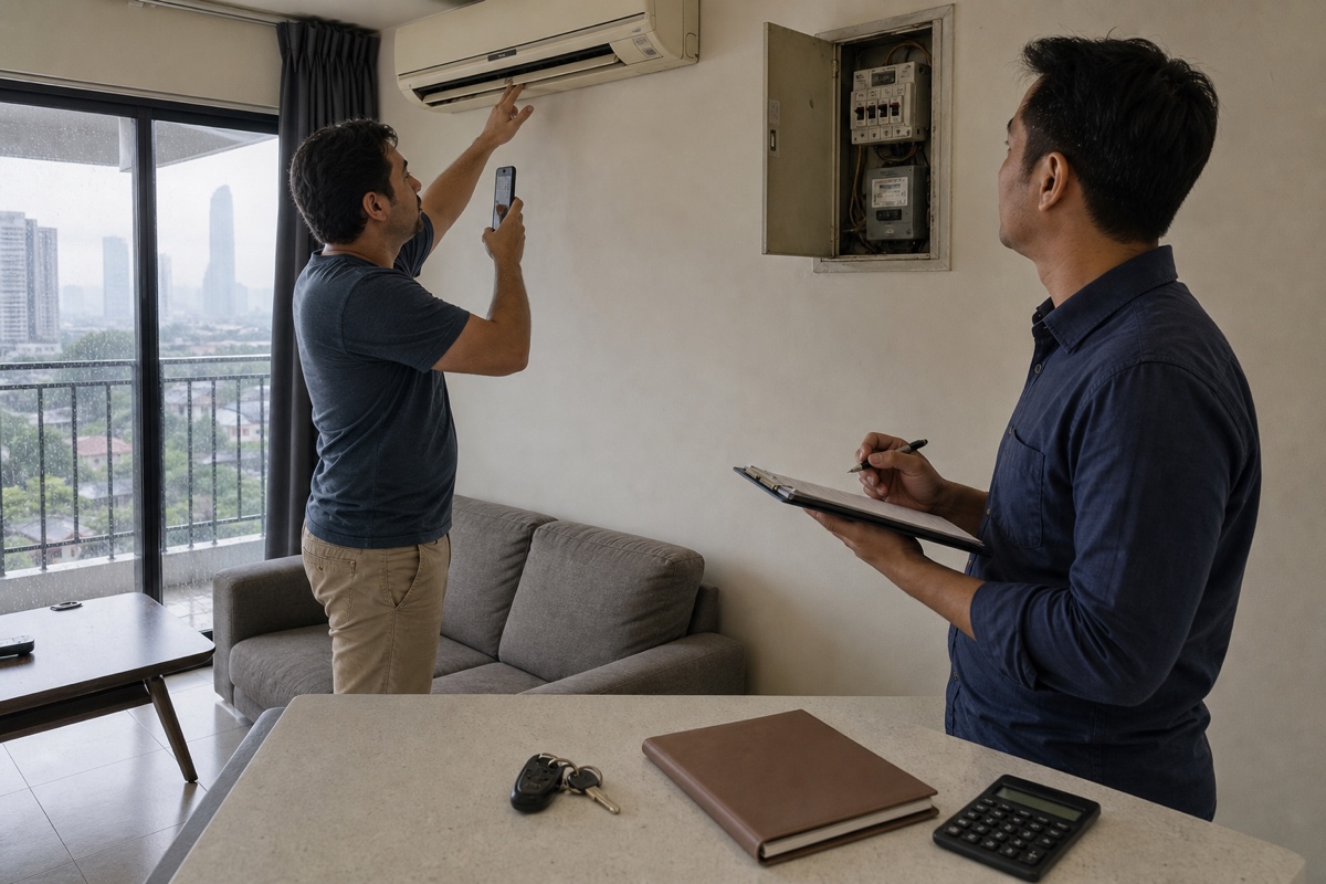 A prospective tenant adding condo deposits, transport, insurance, and rainy-day costs to a Malaysian household budget
