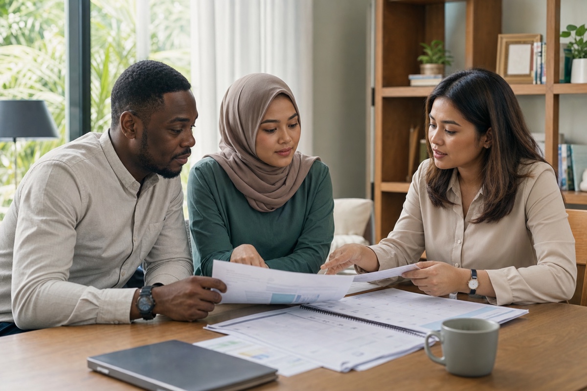 A Malaysian-foreign couple reviewing marriage documents, family dates, and a shared budget at home