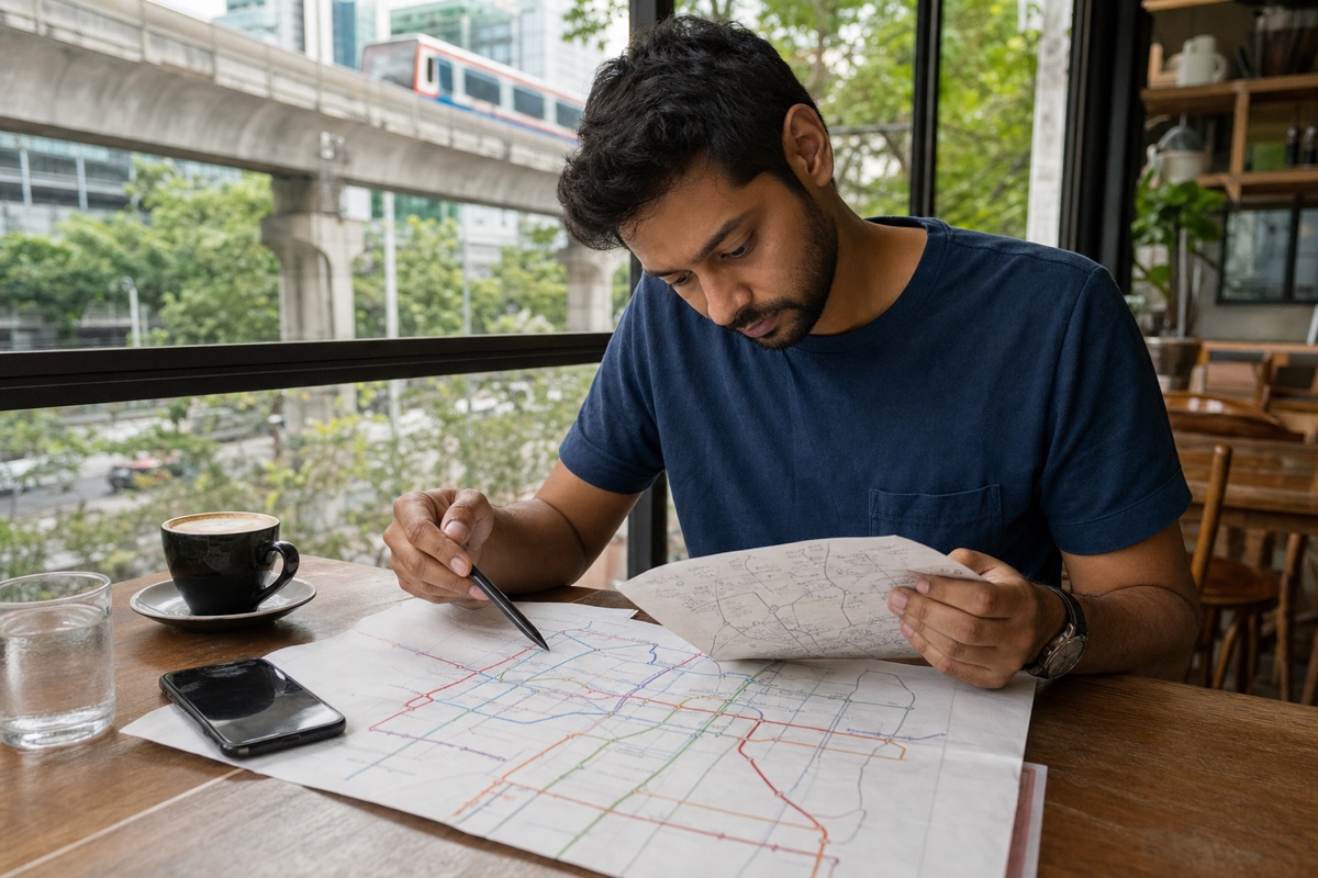 A newcomer comparing a Bangkok rail map and Chiang Mai neighbourhood notes at a cafe table