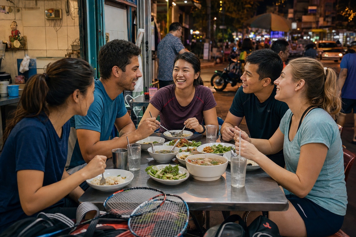 Thai and foreign friends sharing dinner after a weekly sports club in Bangkok