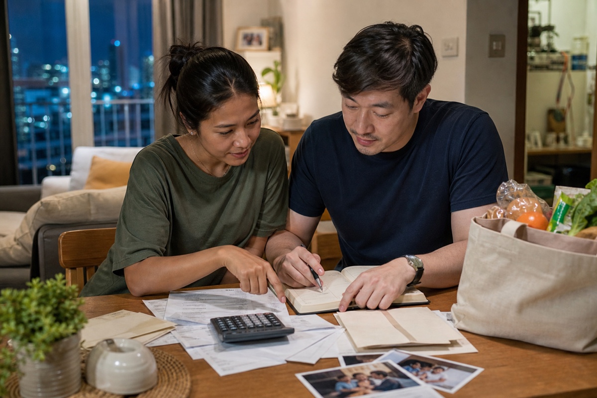 An established Thai-foreign couple planning bills and a family visit at their dining table