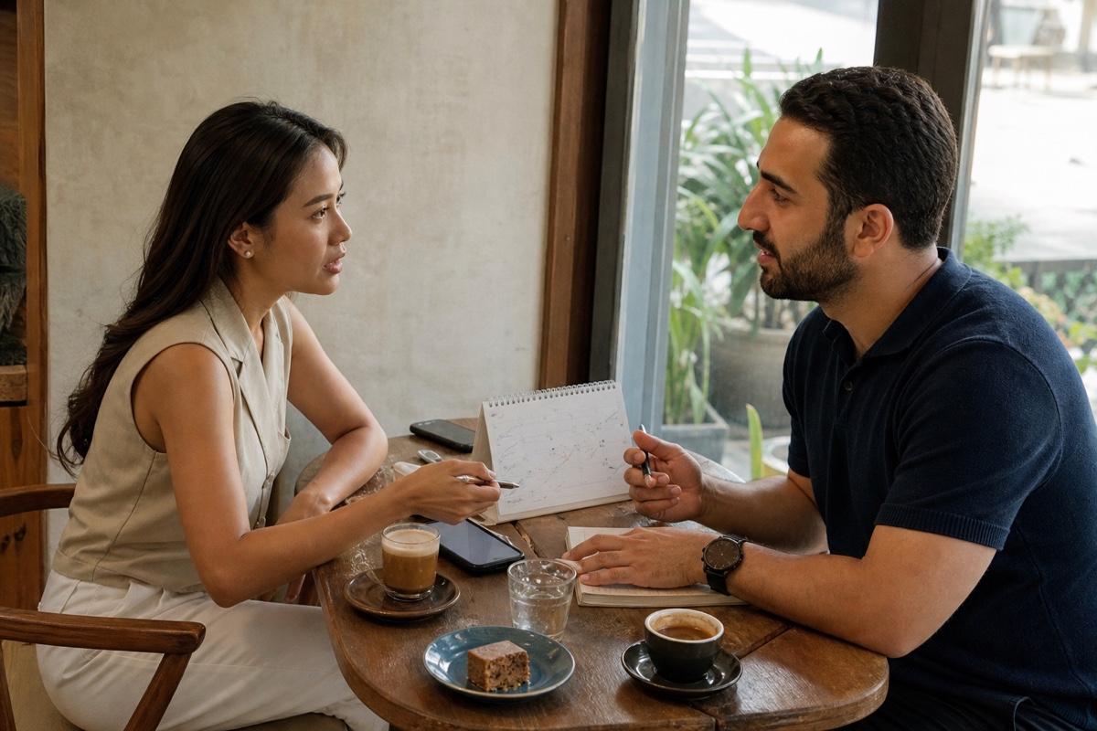 A Thai woman and her foreign date comparing calendars and travel plans at a quiet daytime cafe