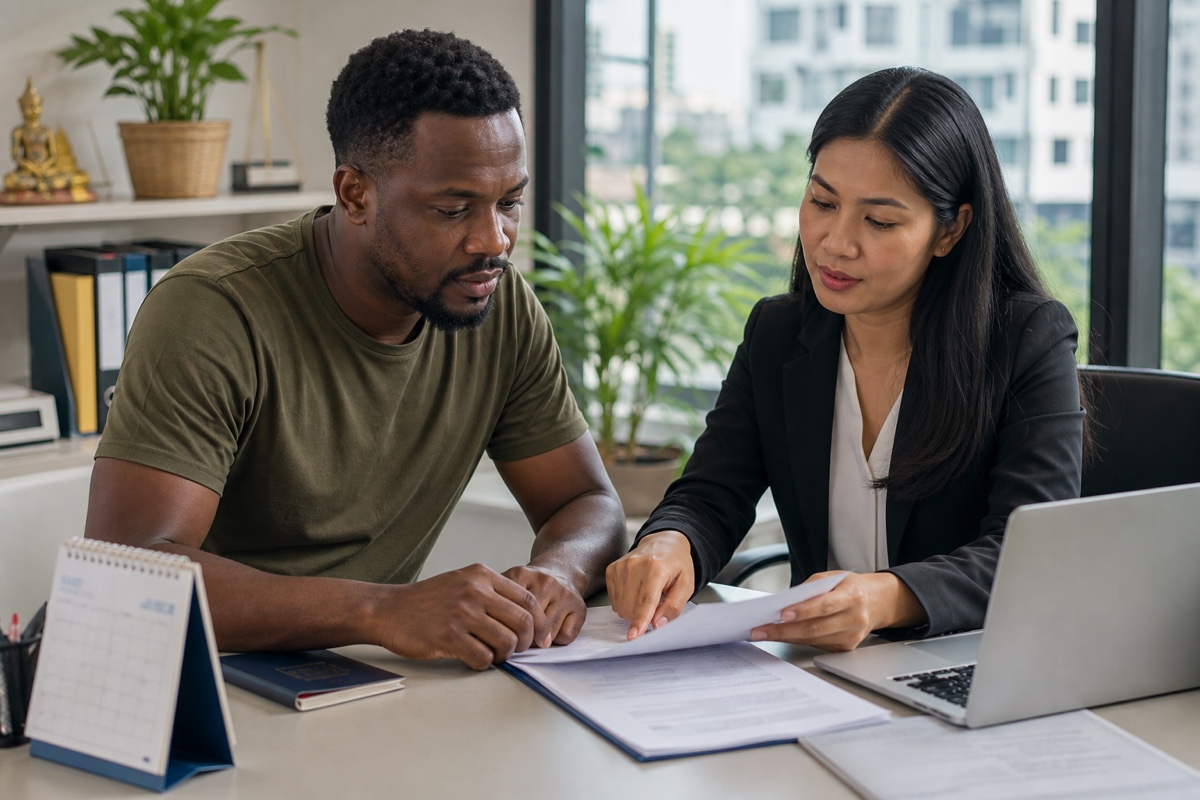 A foreign resident reviewing Thai visa and work-status documents with an immigration adviser