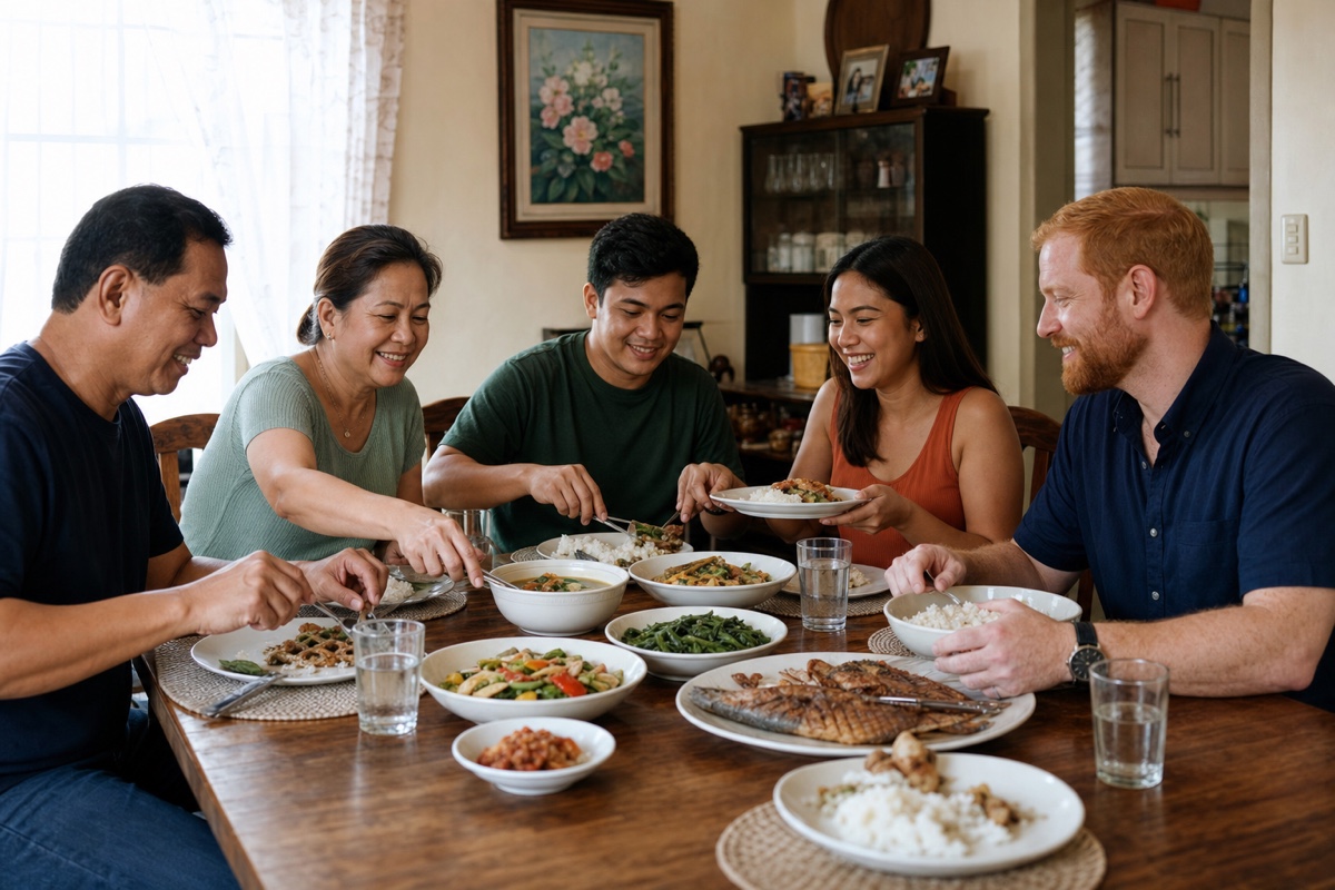 A Filipino family and a foreign partner sharing a relaxed Sunday lunch while the couple takes part as equals