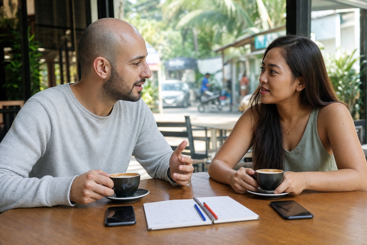 A foreign man and a Filipina comparing weekend calendars over coffee before deciding what kind of relationship they both want