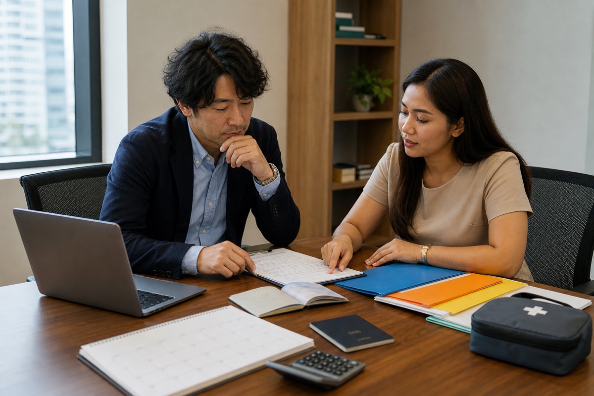 A foreign professional reviewing a passport, visa calendar, work-permit checklist, and health-cover notes with a Philippine adviser