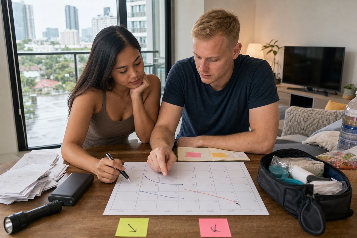A mixed Filipino-foreign couple reviewing a 90-day calendar with commute times, storm supplies, bills, and two possible next steps