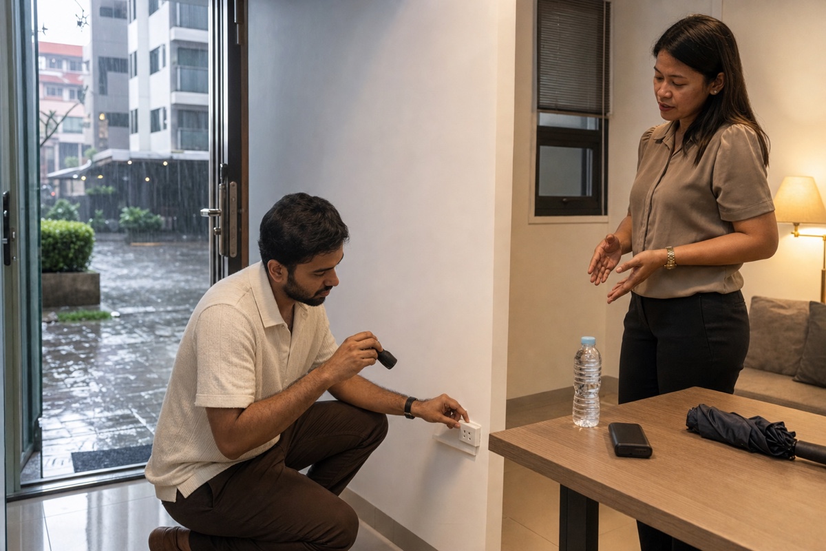 A newcomer checking an apartment generator notice, water pressure, mobile signal, and rain drainage before paying a deposit