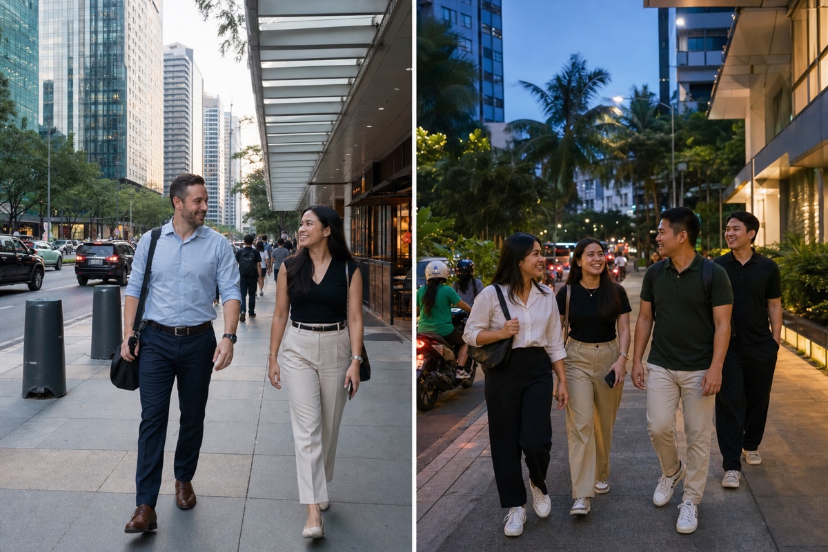 A split weekday scene showing a walkable BGC street in Manila and a compact social evening near Cebu IT Park