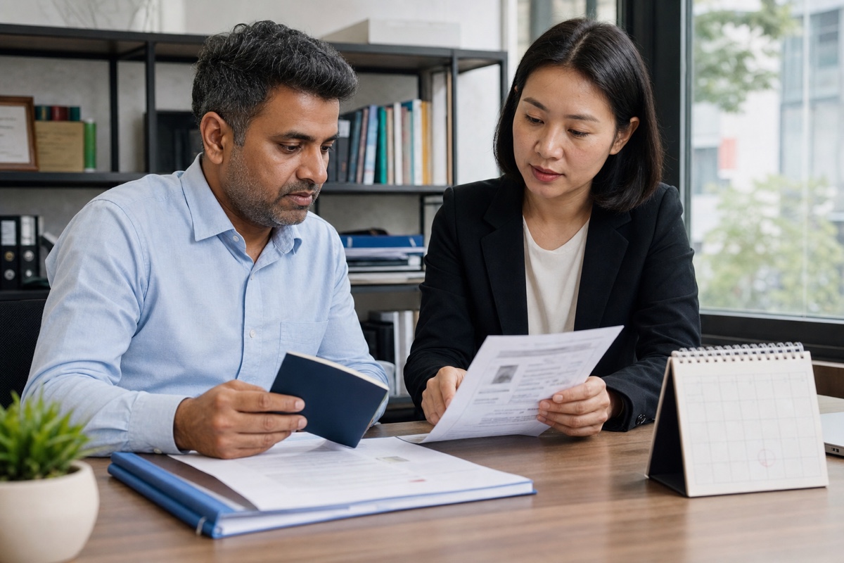 A foreign professional reviewing Vietnam e-visa, work-permit, and tax-day documents with a local adviser