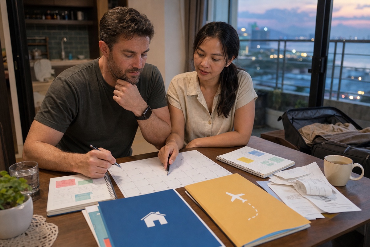 A mixed Vietnamese-foreign couple reviewing a 90-day calendar with city notes, bills, and two possible next-step plans