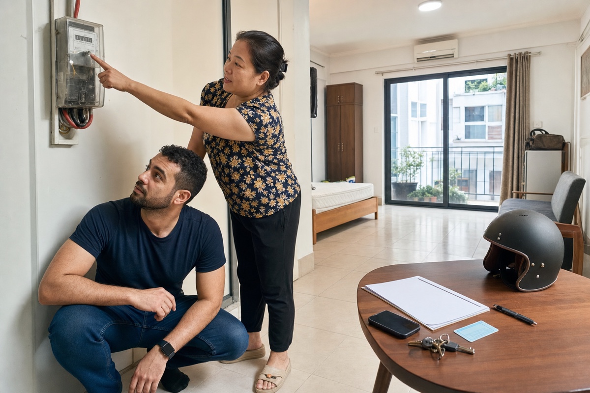 A newcomer inspecting an apartment meter, lease notes, helmet, and health-insurance card before paying a deposit