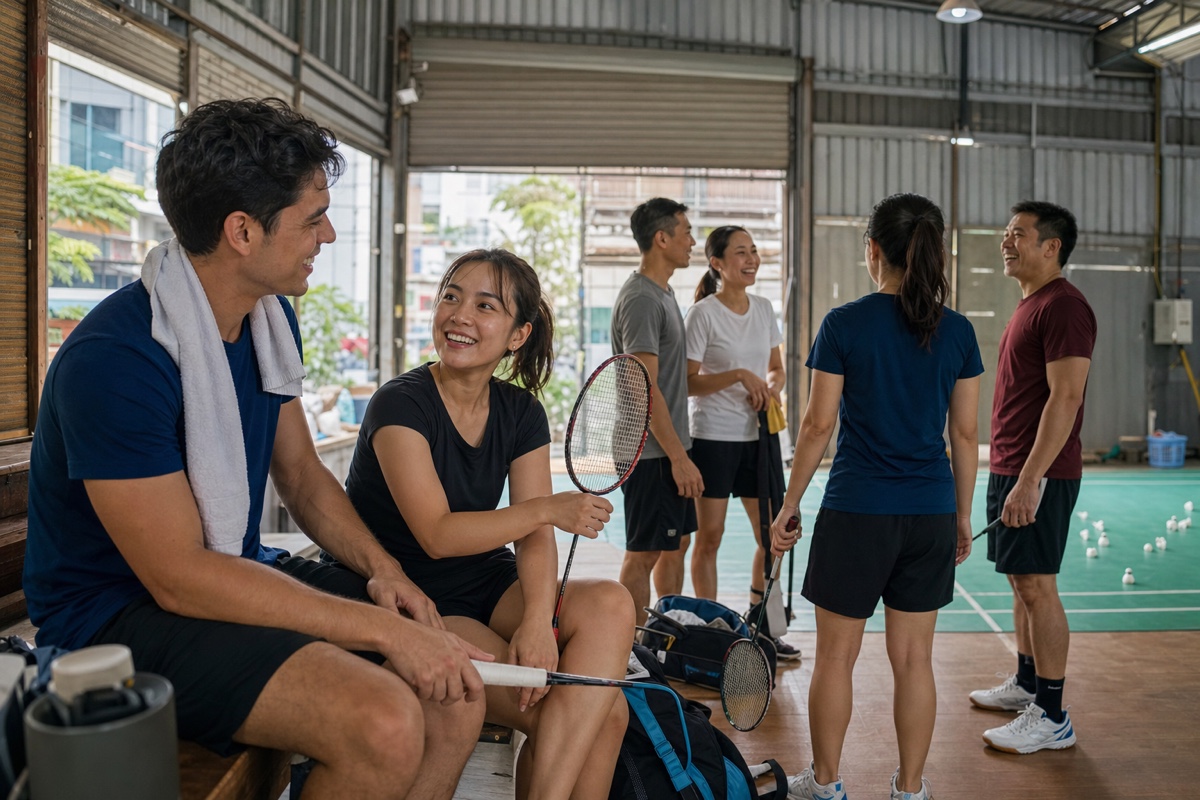Vietnamese and foreign friends meeting again at a weekly badminton club, with one mixed couple chatting beside the court