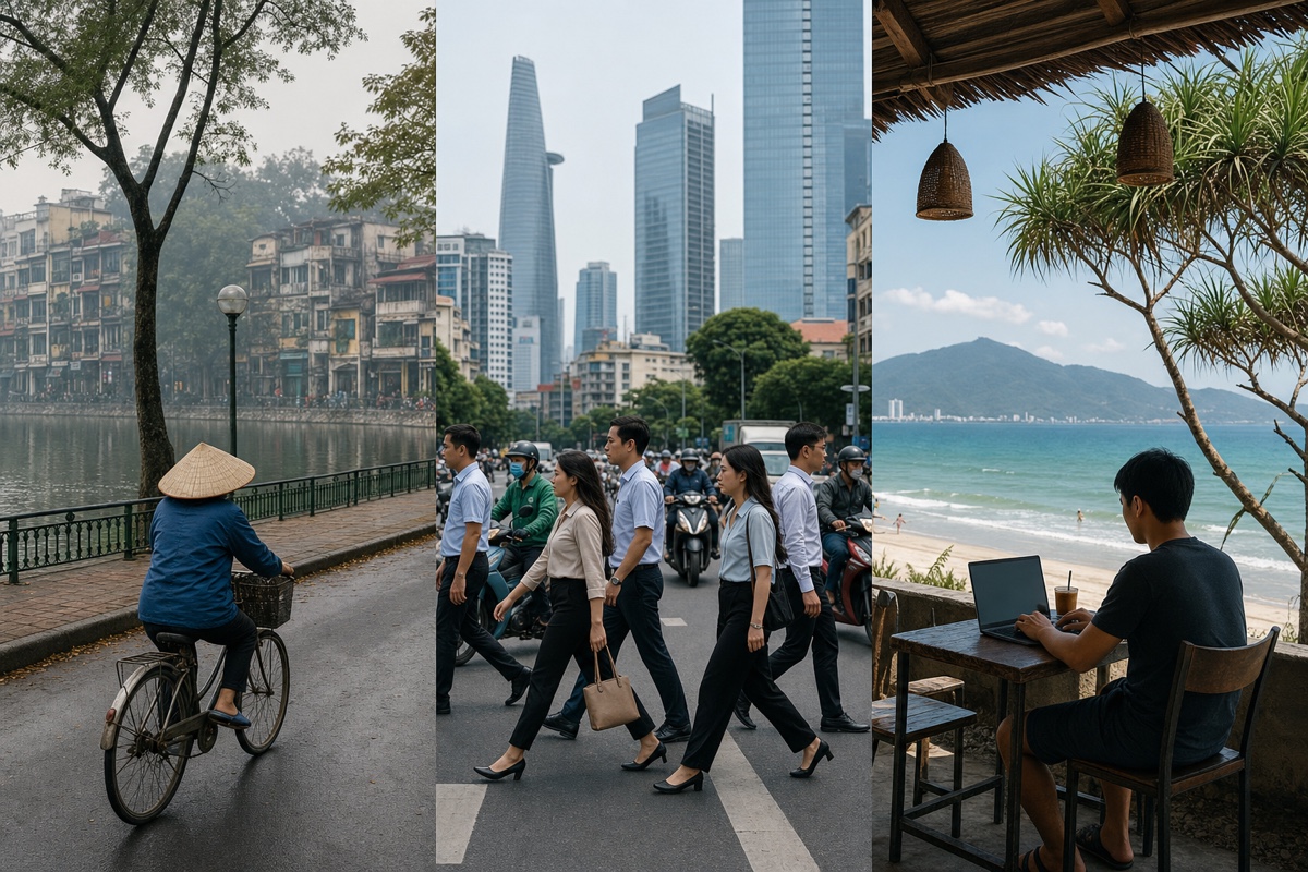 Three realistic Vietnam weekday scenes: a Hanoi lake commute, a Saigon office street, and a Da Nang beachside work break
