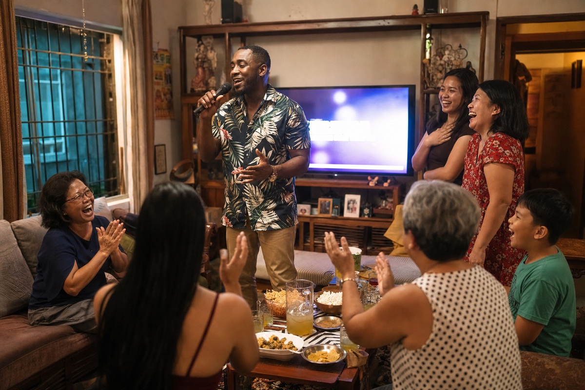A foreign man singing karaoke with his Filipino partner's family in a living room