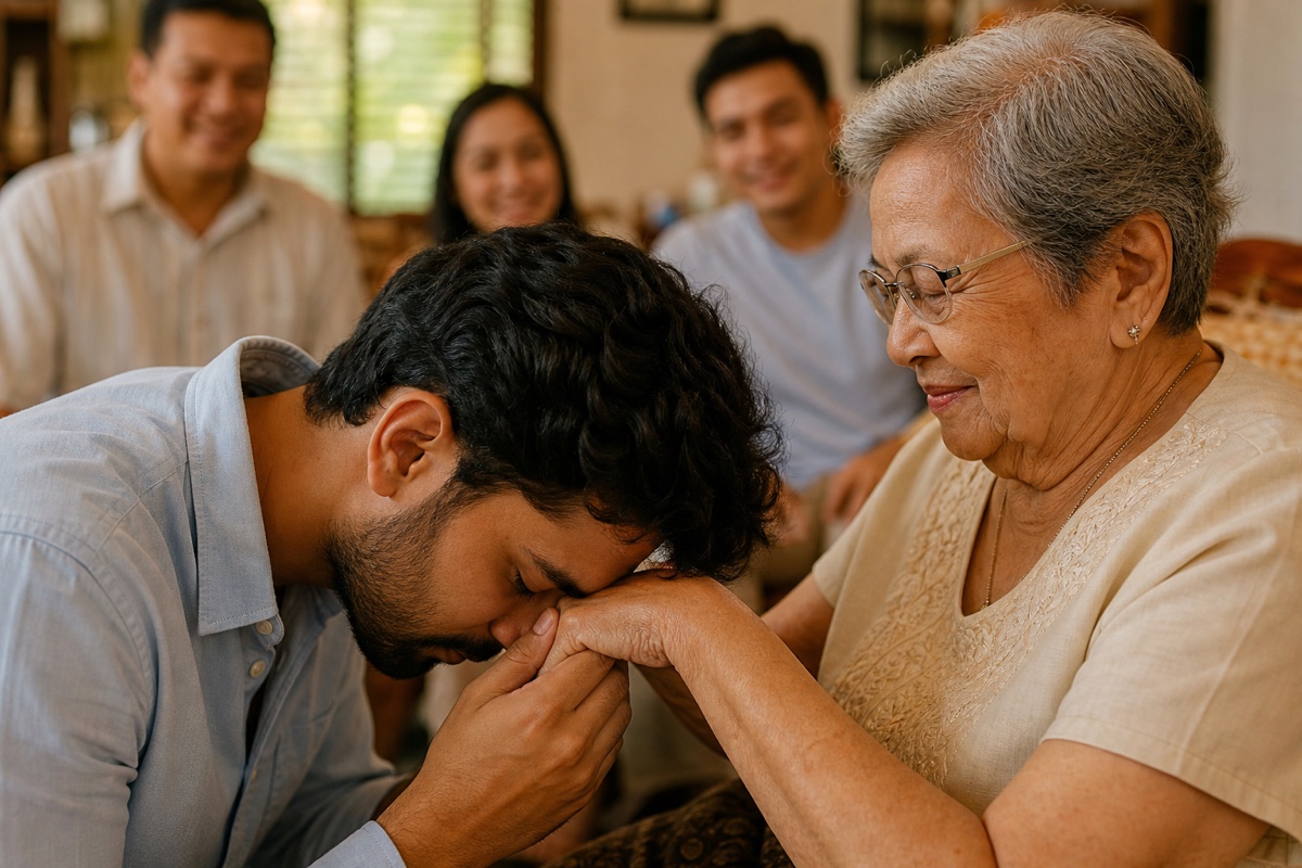 A young person performing pagmamano, taking an elder's hand to their forehead, at a Filipino family gathering