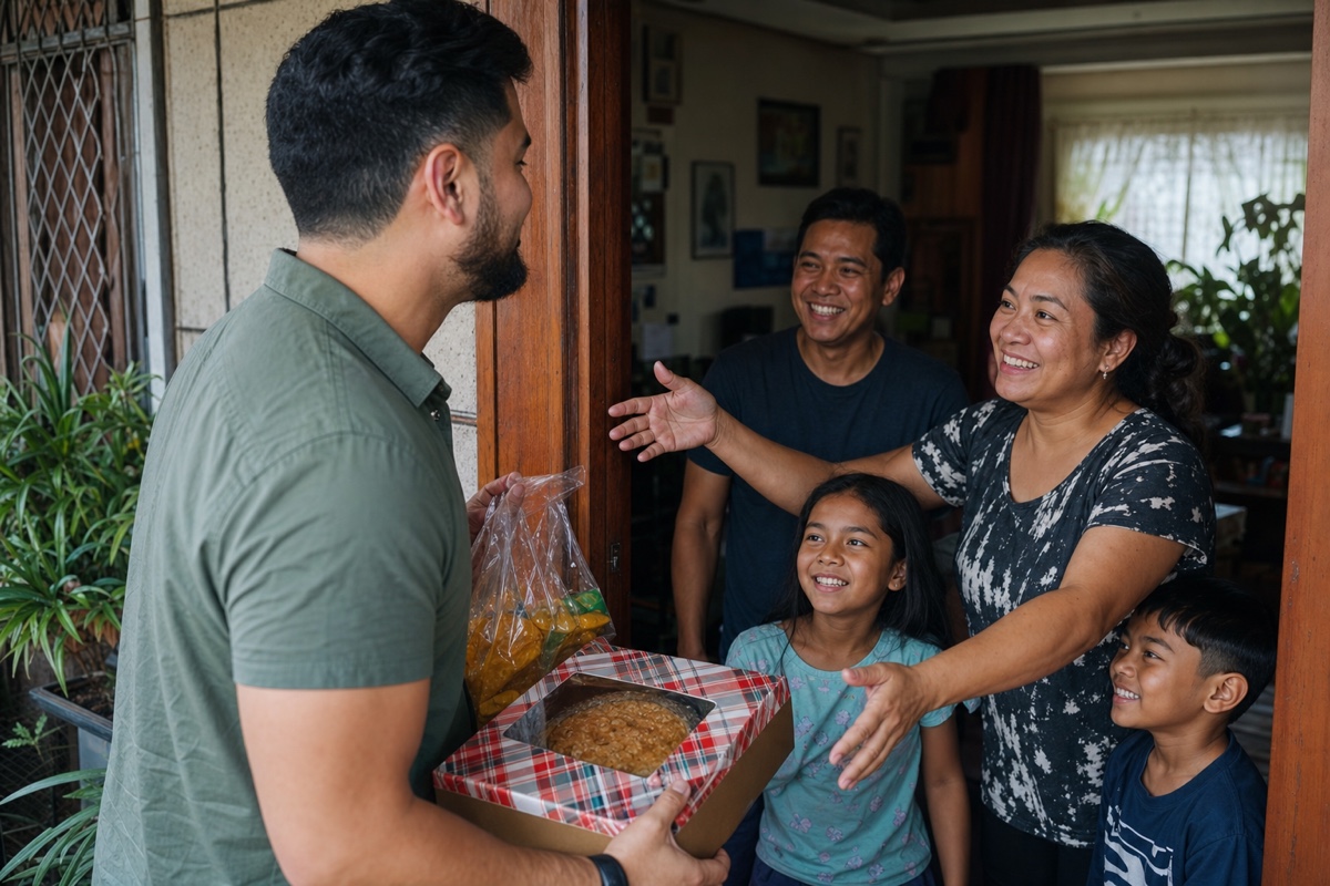 A foreign man arriving at a Filipino home with pasalubong, a boxed cake and treats to share