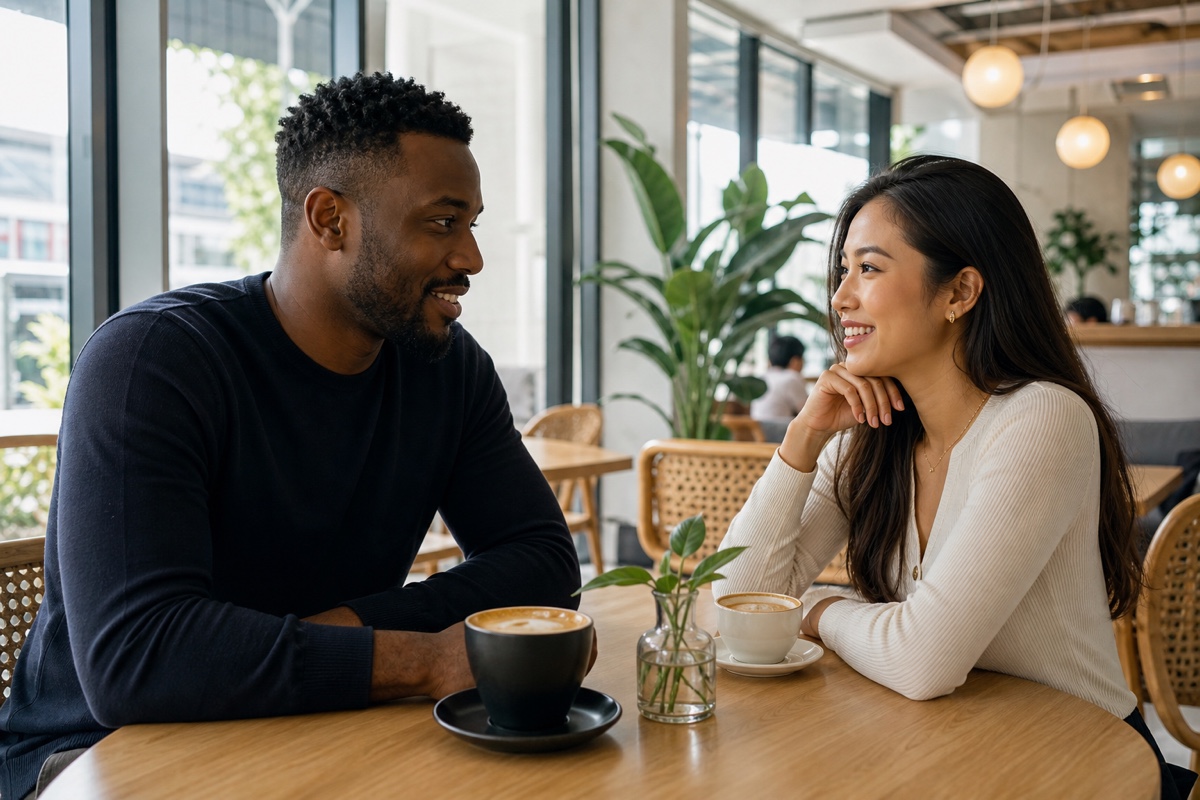 A foreign man and a Thai woman on a first coffee date at a bright Bangkok cafe in the daytime